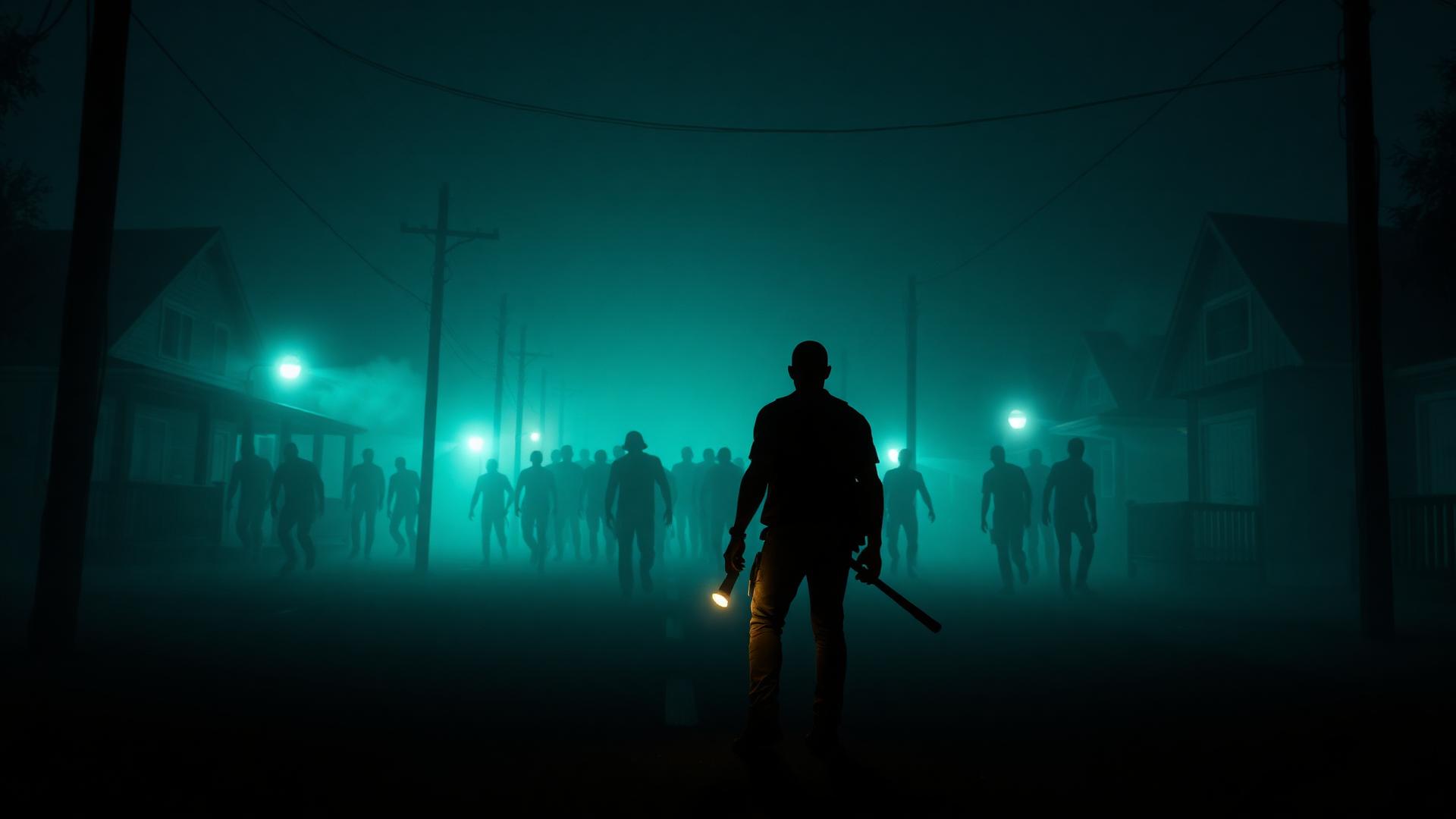 Sobrevivente com lanterna e pé de cabra diante de uma horda na névoa, estilo Project Zomboid